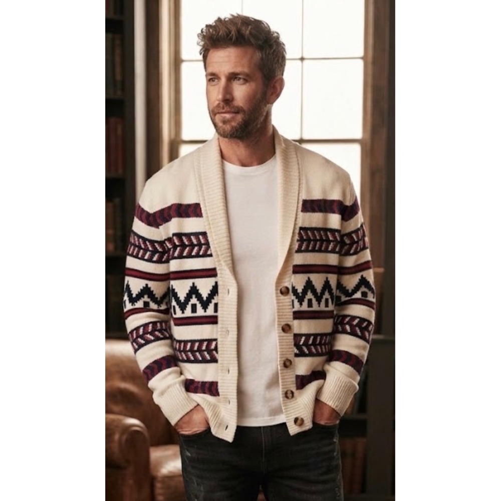 Forever 21 Mens Shawl Collar Cardigan Sweater Large Southwestern Geometric Knit